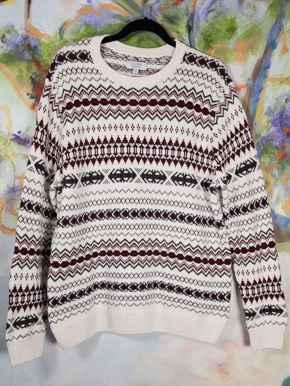 Croft & Barrow Crewneck Sweater with Burgundy, Grey and Black Fair Isle Detail